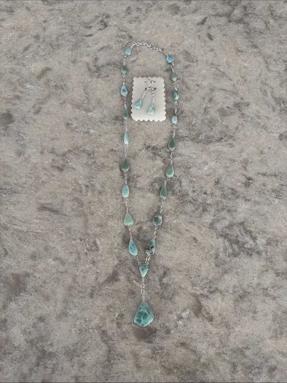 Sterling Silver Teardrop Larimar Necklace & Earrings Set in Aqua